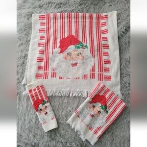 Vintage R.A. Briggs Christmas Bath Hand Towels Set 3 Santa Face Striped Fringe